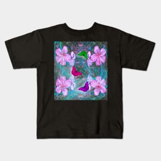 Fabulous pink hibiscus and vibrant butterflies Kids T-Shirt